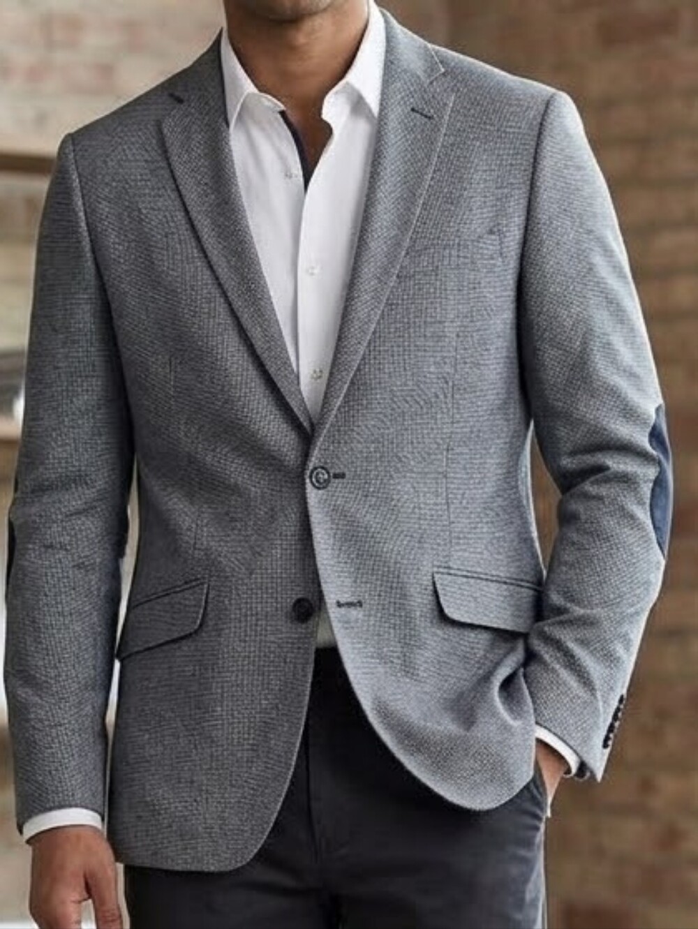 PALENZO Men's Gray Blazer with Elbow Patches